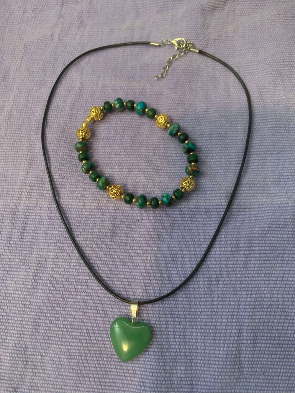 Jade Heart Pendant Necklace with Matching Beaded Bracelet - Brand: